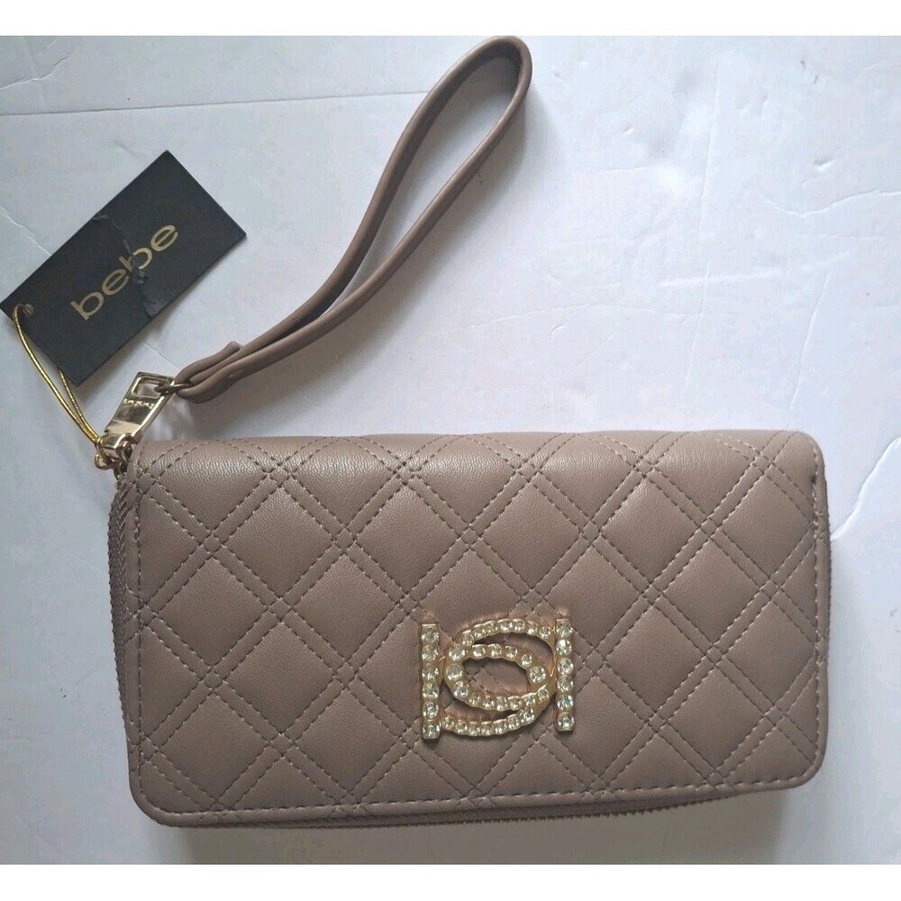 BEBE Alba Wristlet Taupe  Zip Around Clutch Wallet Quilt Stitch Gold/Rhinestone